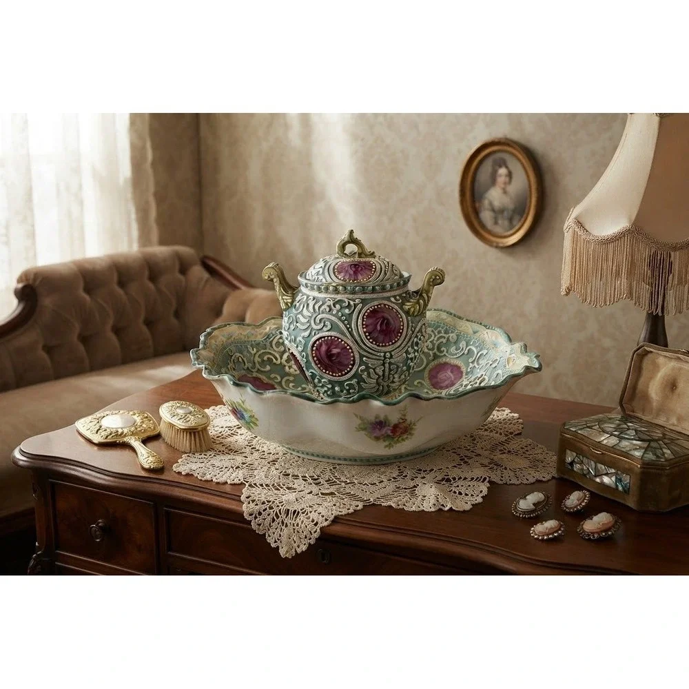 Antique Nippon Moriage Porcelain Lidded Jar and Bowl Set Pink Roses Teal 1890s